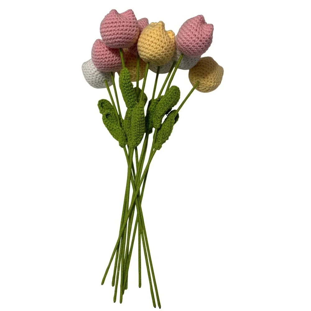 Handmade Crochet Tulip Bouquet Pink Yellow White Floral Arrangement